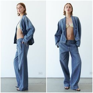 ZARA NWT 2 RARE Mid High Rise Chino Jeans in Medium Blue Denim HTF 04676044